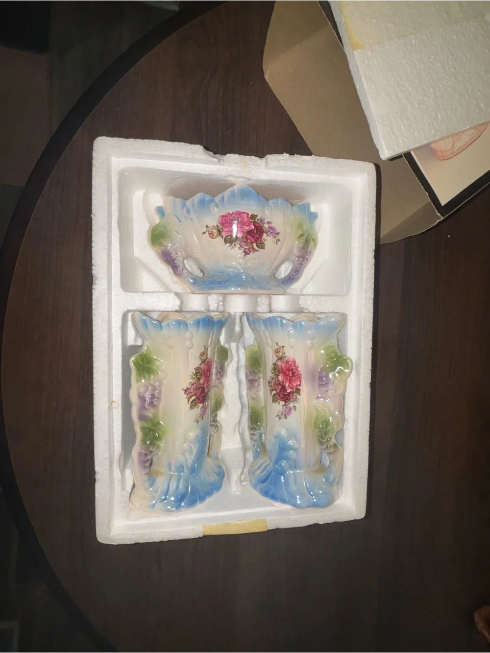 Vintage Floral Ceramic Vase and Bowl Set - Blue, Pink & Green